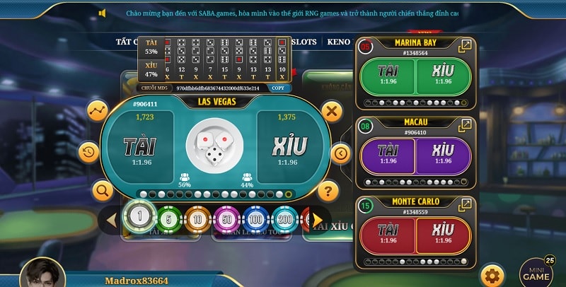 Giao diện tài xỉu tại sảnh game Mibet